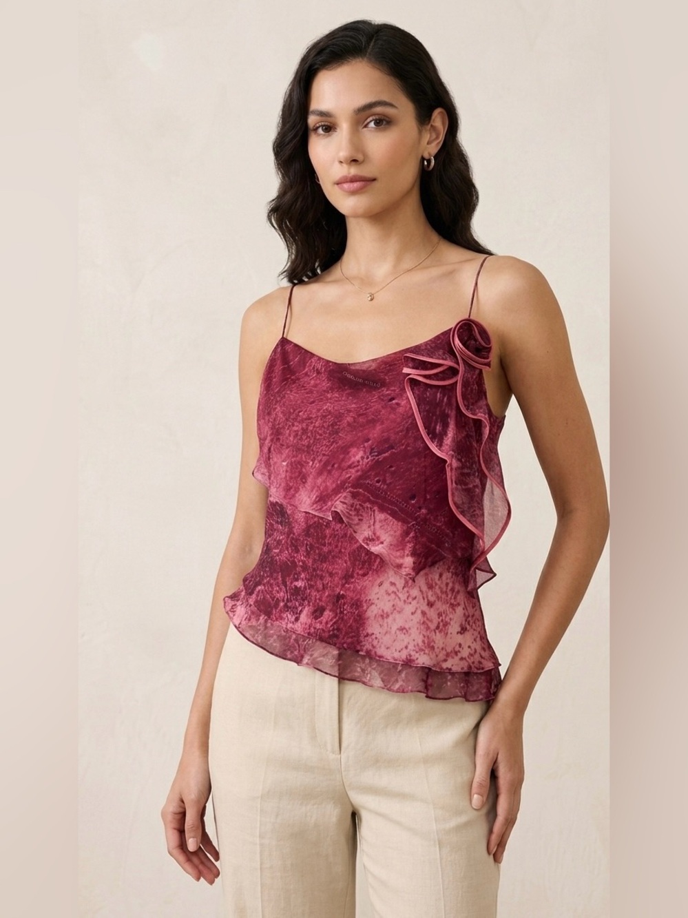 Carlos Miele 100% Silk Asymmetrical Ruffle Camisole Top -‎ Abstract print